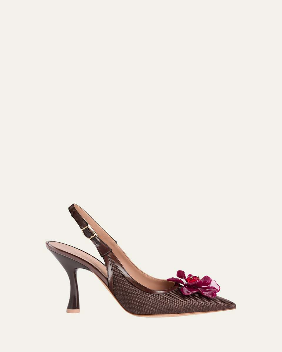 Chrissy Flower Raffia Leather Slingback Pumps